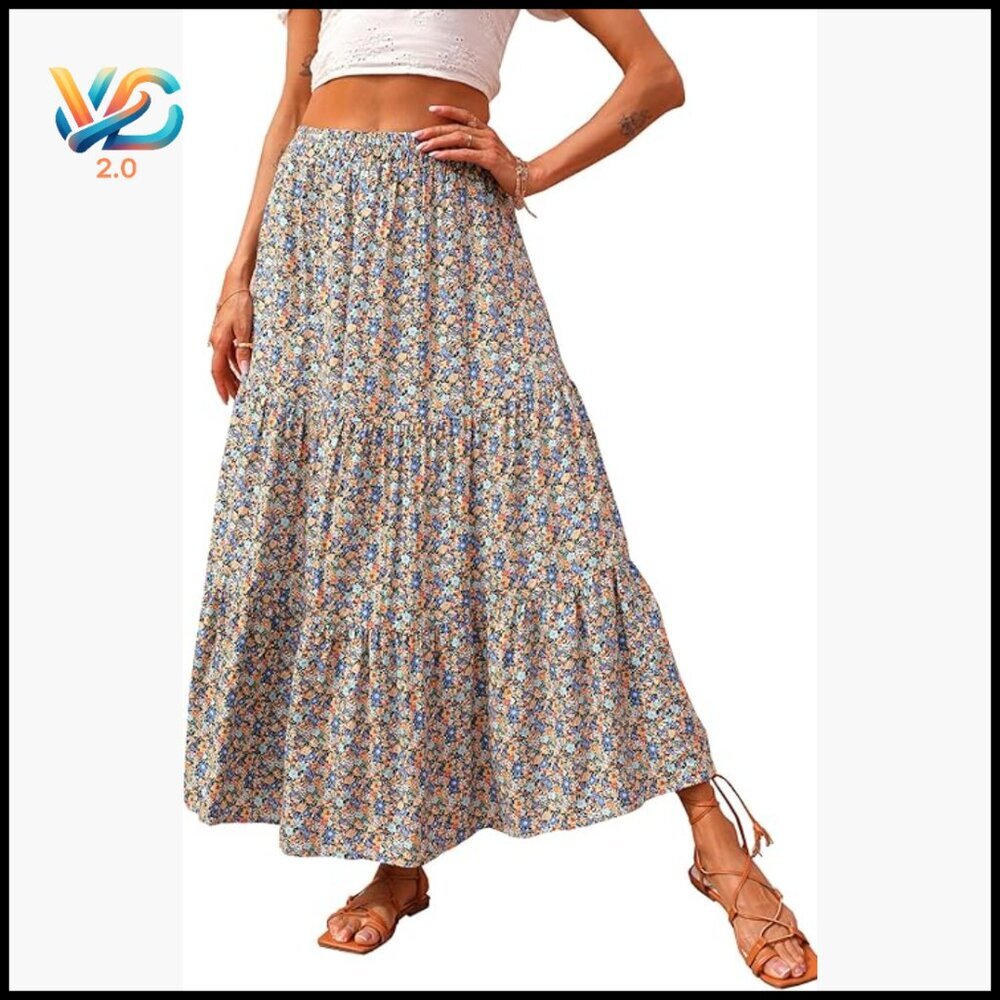 High Waist Maxi Skirt, Flowy A-Line, Elastic Waist, Lightweight Fabric